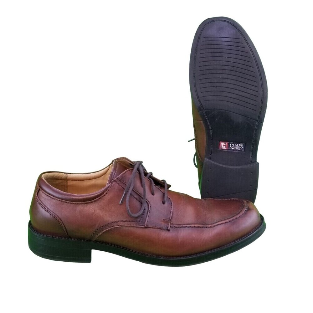 ✅Mens 10.5M Chaps Oxfords Brown Leather Lace up Apron Toe Stitch  Dress Shoes - Picture 2 of 16